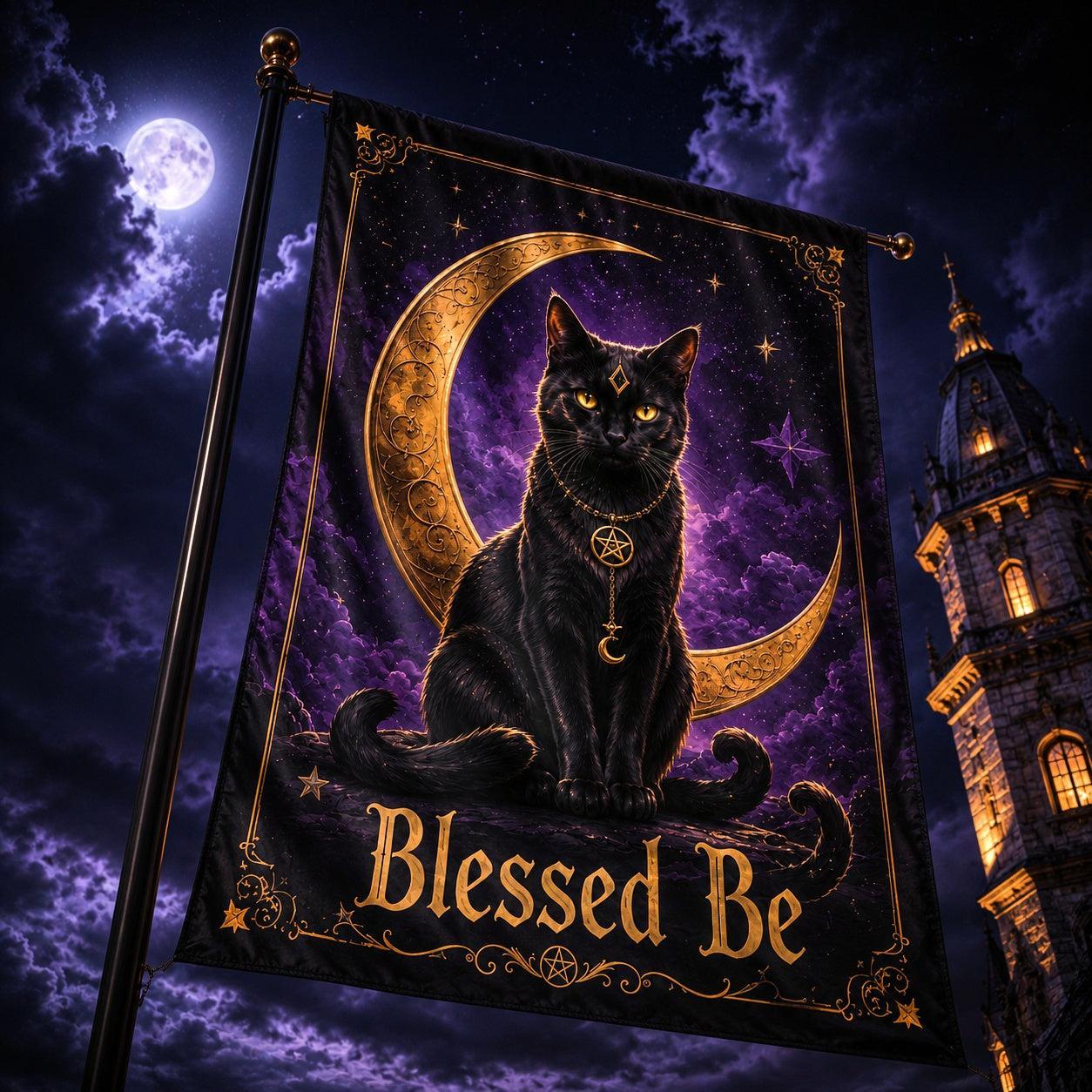 Close-up of Wicca Black Cat house flag showing crescent moon artwork