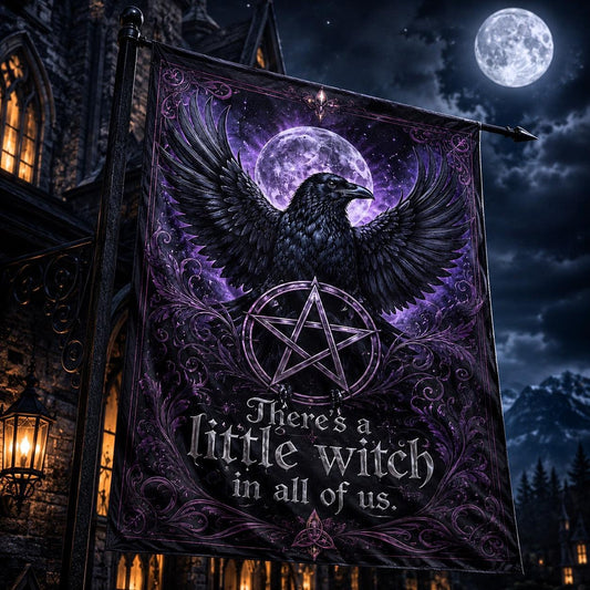 Wicca Black Raven Pentacle house flag displayed outdoors on a garden flag stand