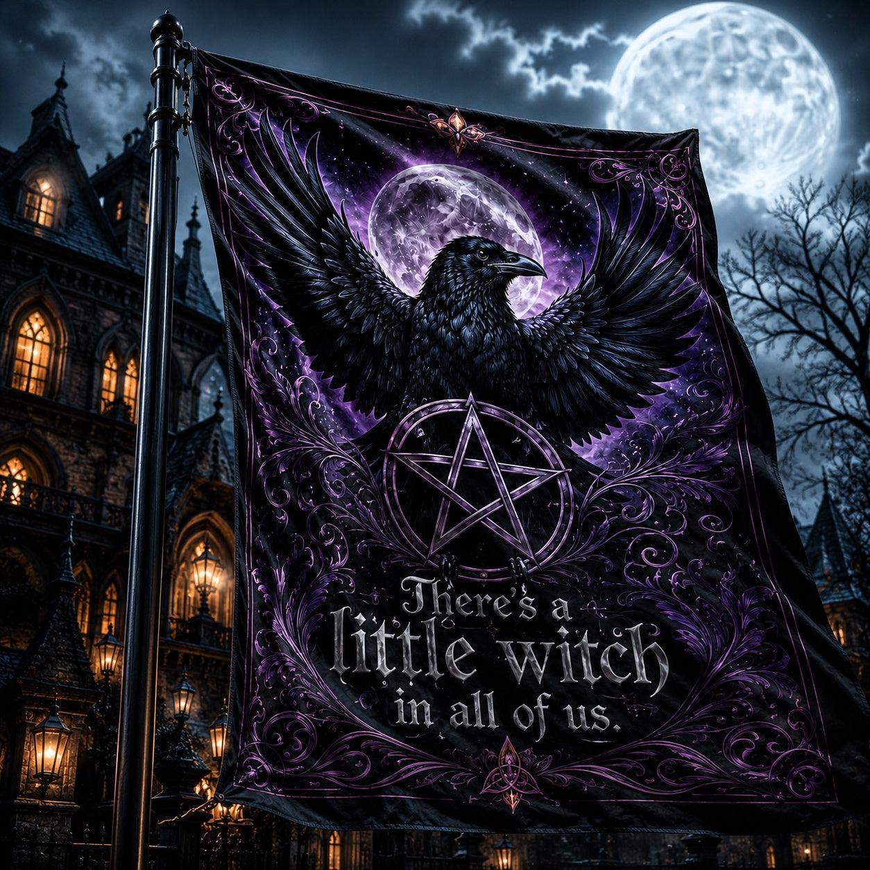 Wicca Black Raven Pentacle house flag mockup hanging outdoors as gothic decor