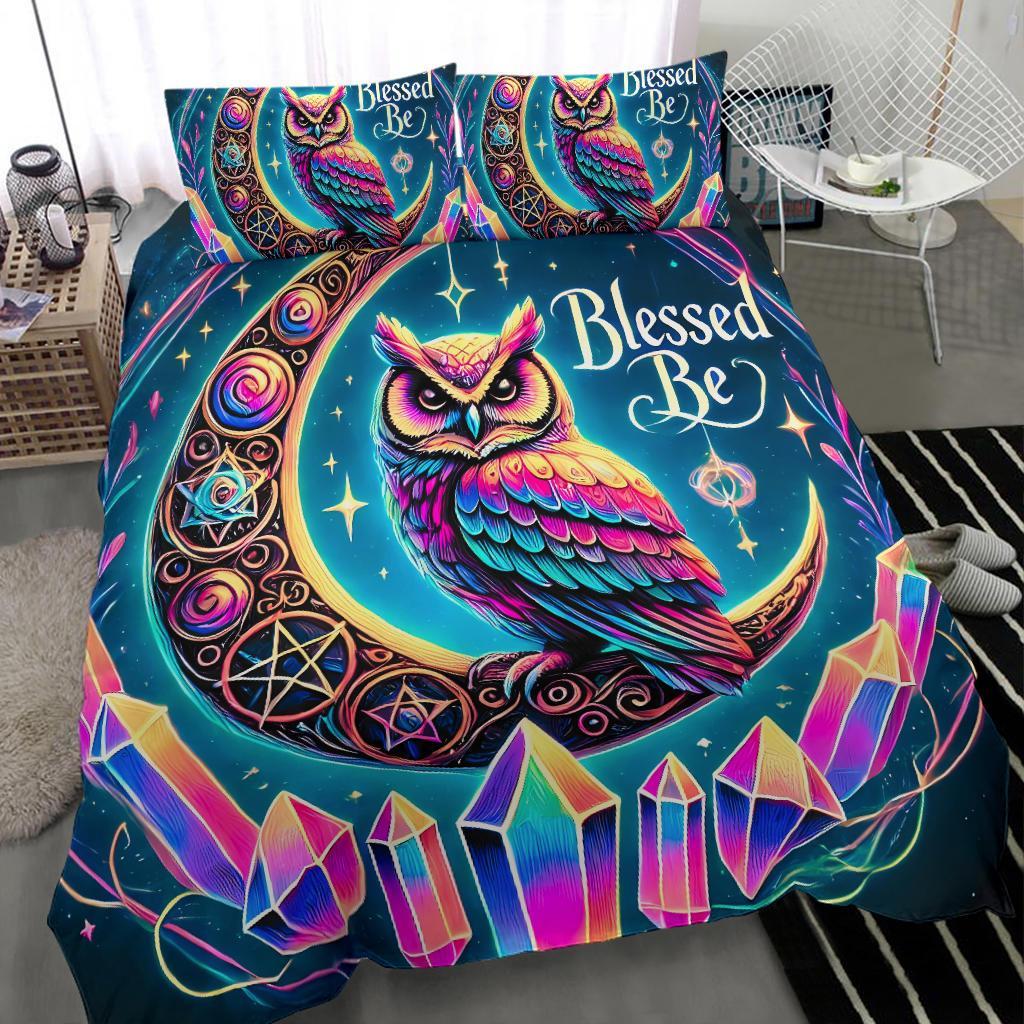 Wicca Blessed Be Crystal Moon Owl Bedding Set for Witchy Home Decor-MoonChildWorld