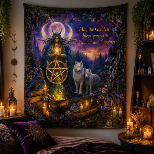 Wicca Moon Goddess Tapestry with Pentacle & Wolves - Pagan Yule Wall Hanging_mockup_1.webp