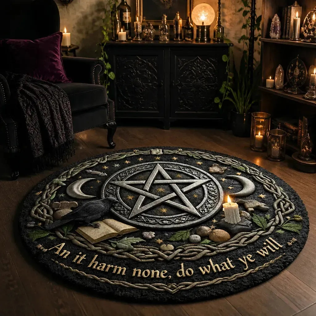 Wicca Moon and Pentacle Round Rug Witchy Crow Gothic Carpet Witch Home Decor_mockup_1.webp