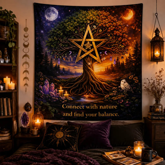 Wicca Nature Witch Wall Hanging - Pentagram Tree of Life Tapestry for Pagan Wall Decor_mockup_1.webp