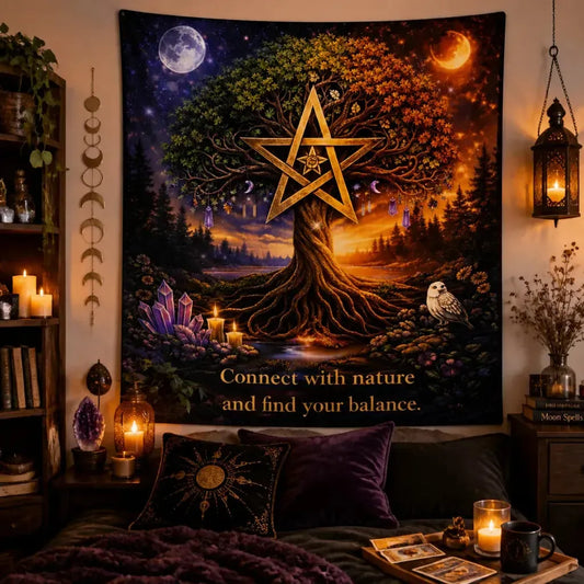 Wicca Nature Witch Wall Hanging - Pentagram Tree of Life Tapestry for Pagan Wall Decor_mockup_1.webp