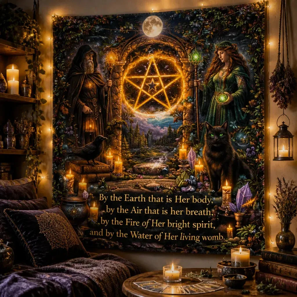 Wicca & Pagan Goddess Tapestry with Pentacle - Nature Witchy Wall Hanging_mockup_3.webp