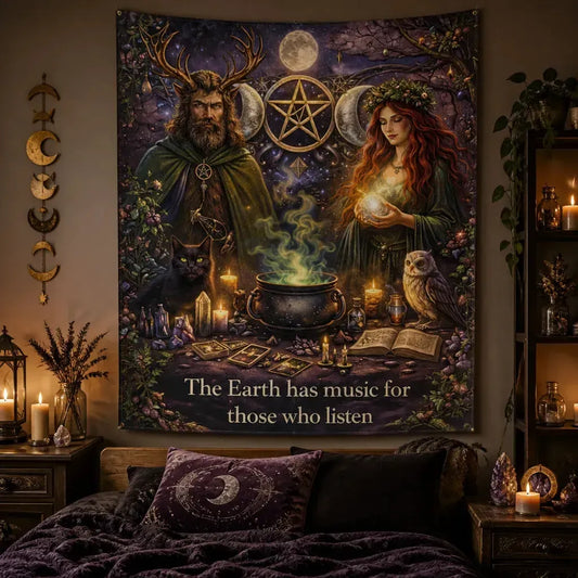 Wicca & Pagan Goddess Tapestry with Pentagram Triple Moon - Nature Witchy Wall Hanging_mockup_1.webp