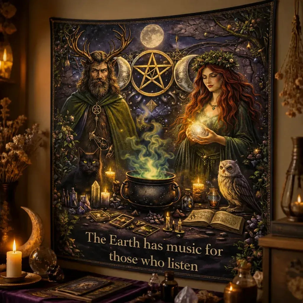 Wicca & Pagan Goddess Tapestry with Pentagram Triple Moon - Nature Witchy Wall Hanging_mockup_3.webp