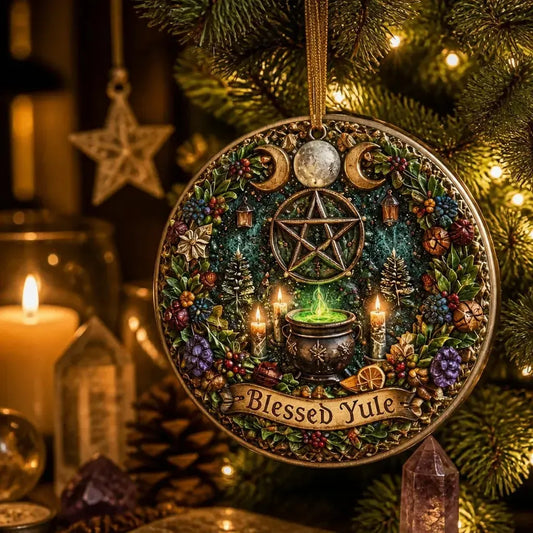 Wicca Pentacle Triple Moon Yule Ceramic Ornament โ Pagan Christmas Decor_mockup_1.webp