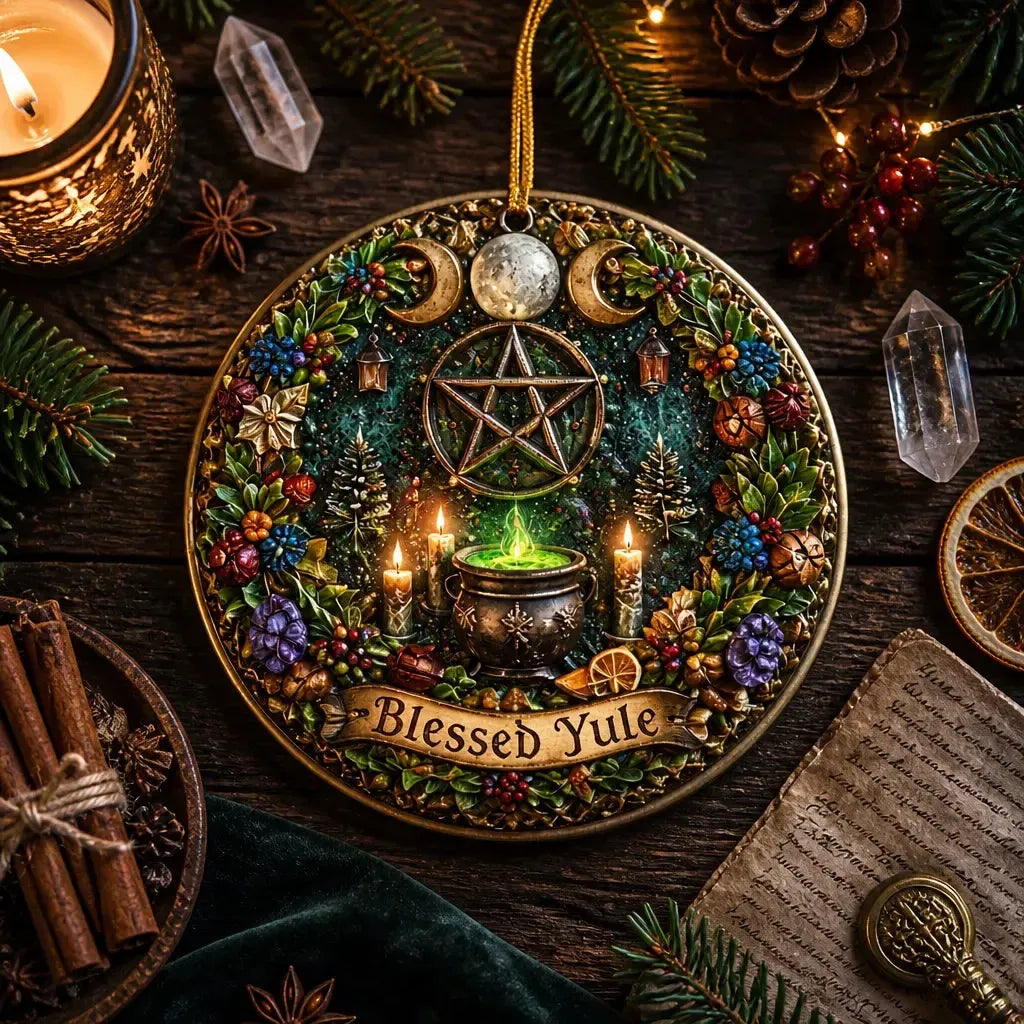 Wicca Pentacle Triple Moon Yule Ceramic Ornament – Pagan Christmas Decor_mockup_3.webp