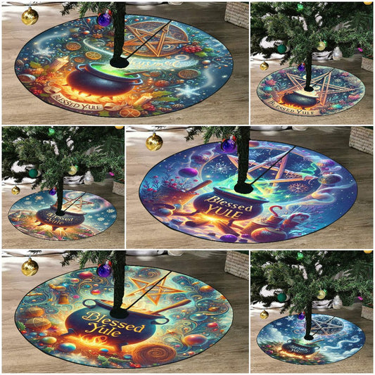 Wicca Pentagram and Witchy Cauldron Christmas Tree Skirt for Yule Decor-MoonChildWorld