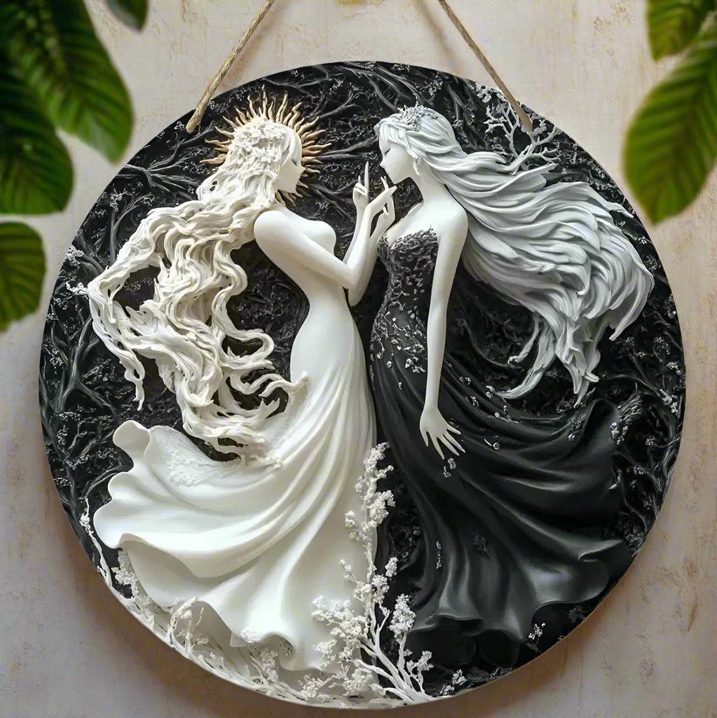 Wicca Sun and Moon Wooden Sign Celestial Goddess Hanging Sign Home Decor-MoonChildWorld