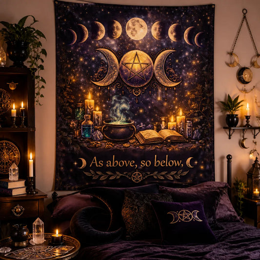 Wicca Tapestry with Pentagram, Triple Moon, Moon Phases - Pagan Altar Wall Hanging_mockup_1.webp