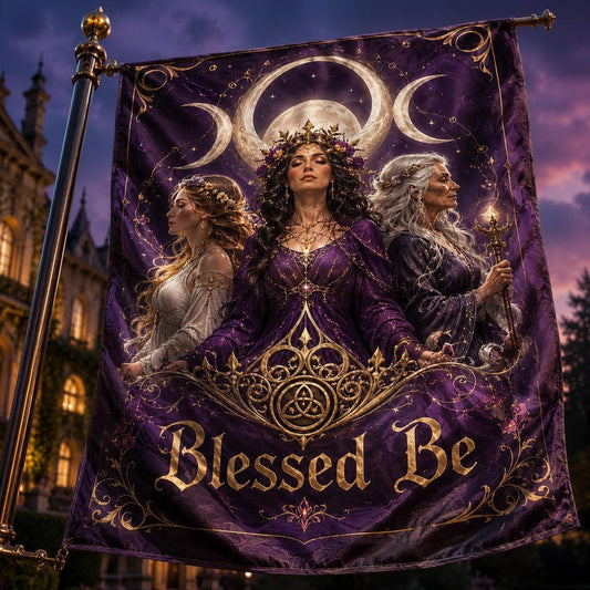 Wicca Triple Goddess house flag displayed outdoors on an estate flag stand