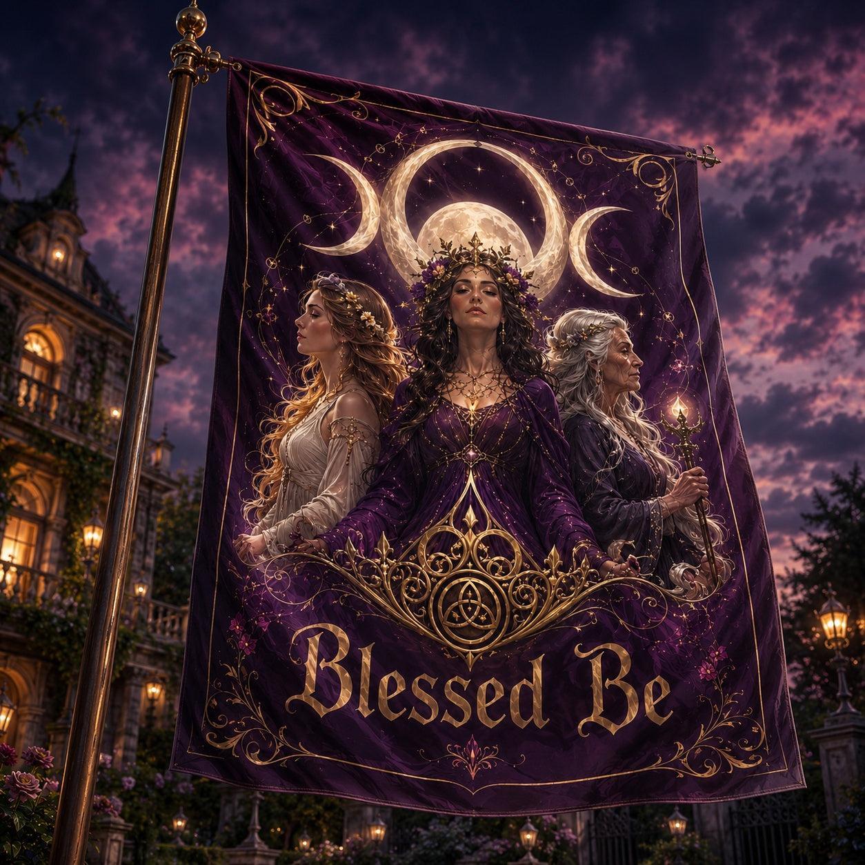 Wicca Triple Goddess house flag mockup hanging outdoors as pagan estate decor
