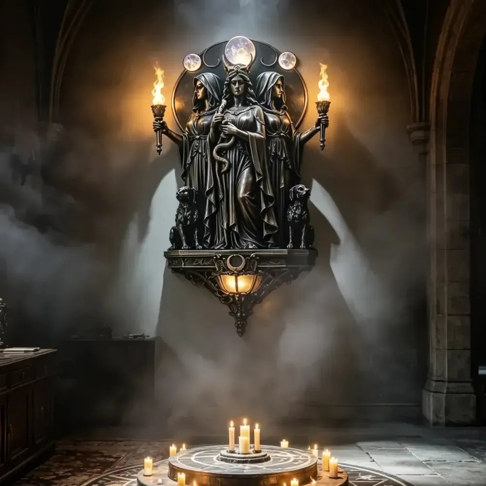 Dark Triple Goddess LED wall sconce with torches, hounds, and mystical glow in a gothic setting.