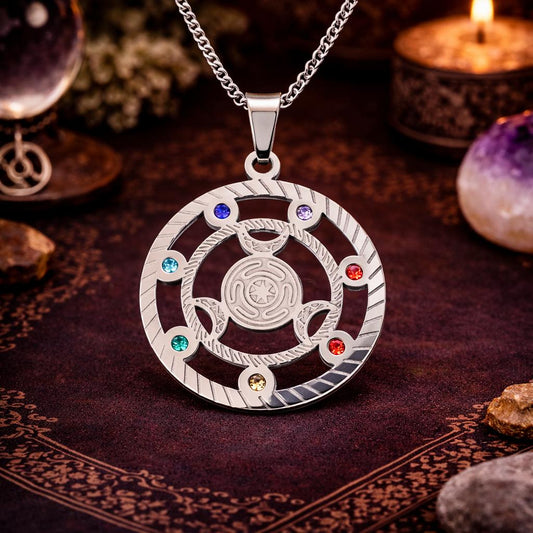 Wicca Triple Moon Goddess Hecate Wheel Rhinestones 7 Chakras Pendant Necklace Hekate Witch Jewelry-MoonChildWorld