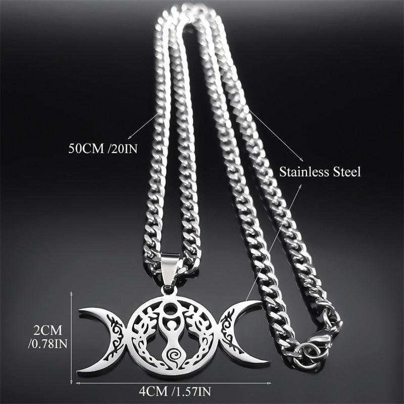 Luxurious 50cm stainless steel Triple Moon Goddess necklace with a detailed 4cm pendant.