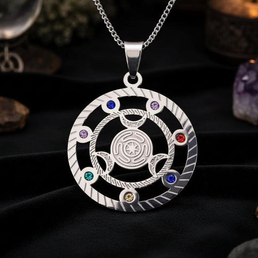 Wicca Triple Moon Hecate Wheel Rhinestones 7 Chakras Pendant Necklace Hekate Witch Jewelry-MoonChildWorld