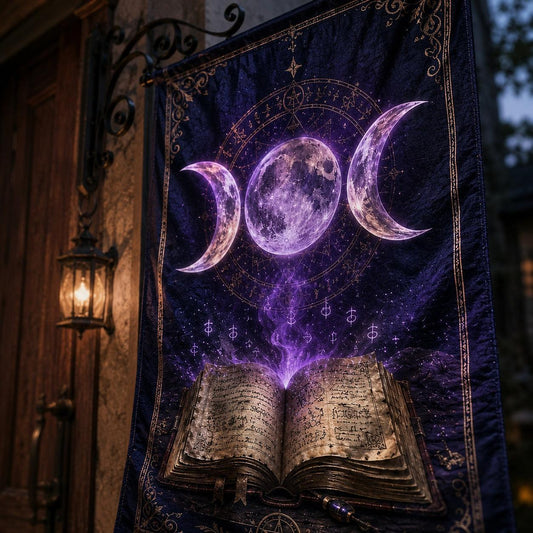 Wicca Triple Moon house flag displayed outdoors on a porch flag stand