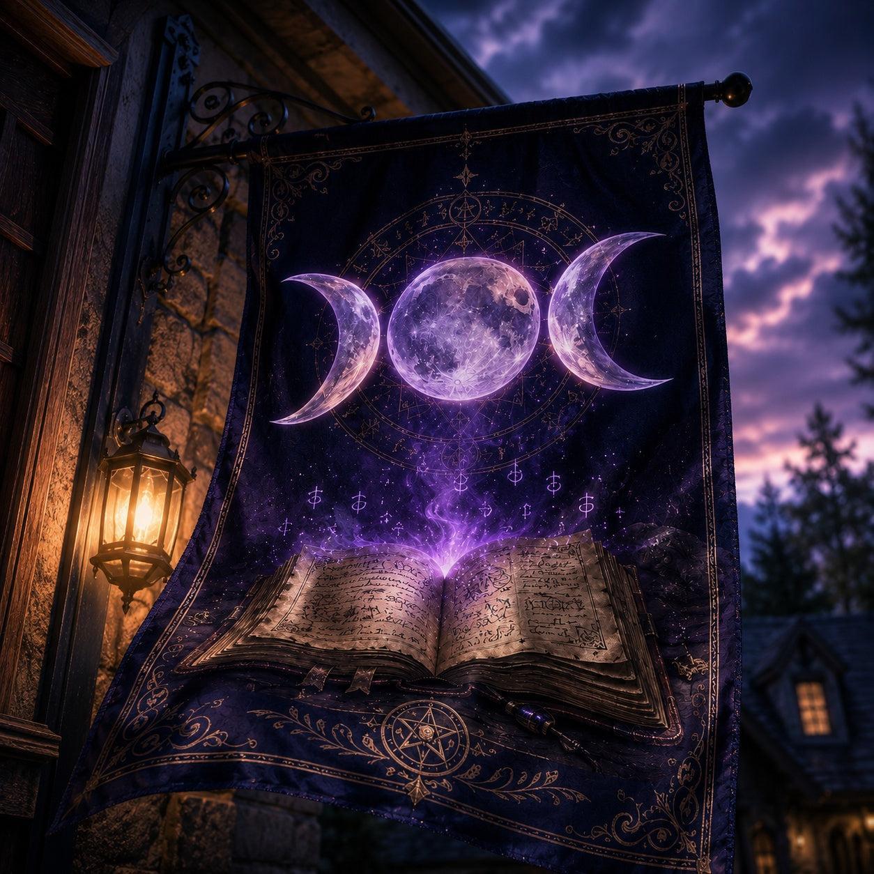 Wicca Triple Moon house flag mockup hanging outdoors as pagan porch decor