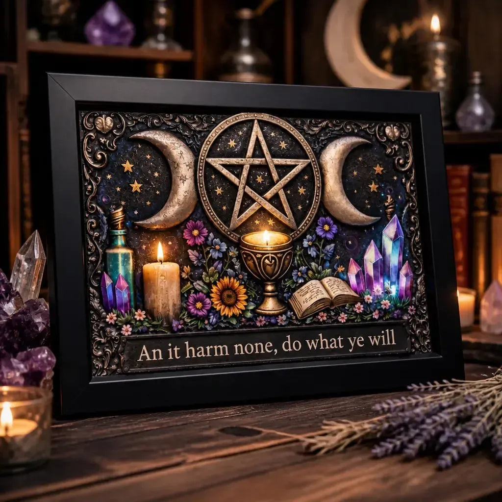 Wicca Triple Moon & Pentacle Canvas Wall Art - Pagan Black Framed Print for Altar and Sacred Space_mockup_3.webp