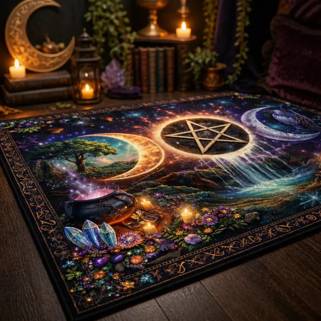 Wicca Triple Moon & Pentagram Area Rug - Spiritual Pagan Carpet_mockup_3.webp
