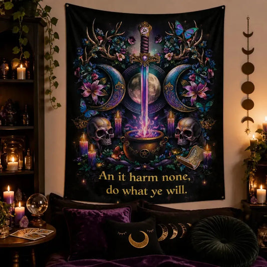 Wicca Triple Moon, Sword & Gothic Skull Tapestry Witchy Wall Hanging_mockup_1.webp