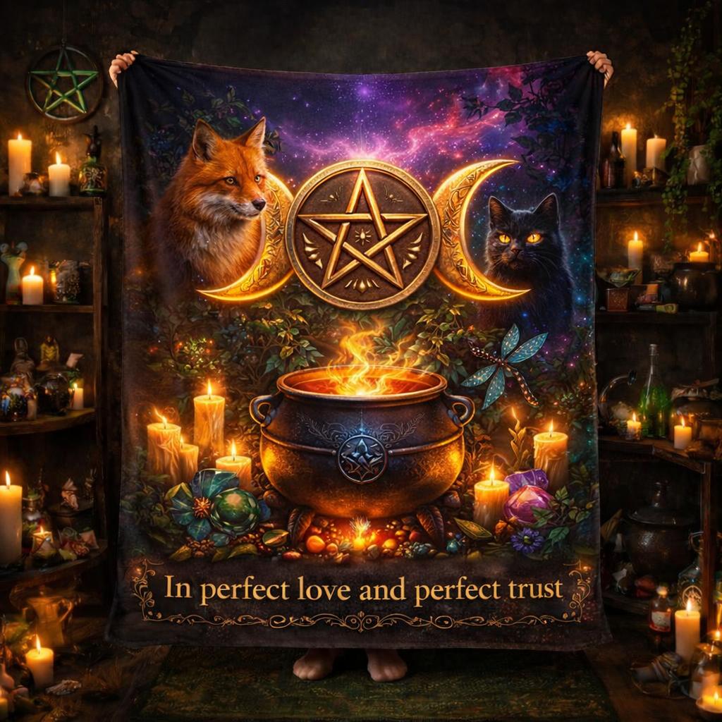 Wicca Triple Moon & Witchy Cauldron, Black Cat, Fox Blanket for Witchy Home Decor-MoonChildWorld