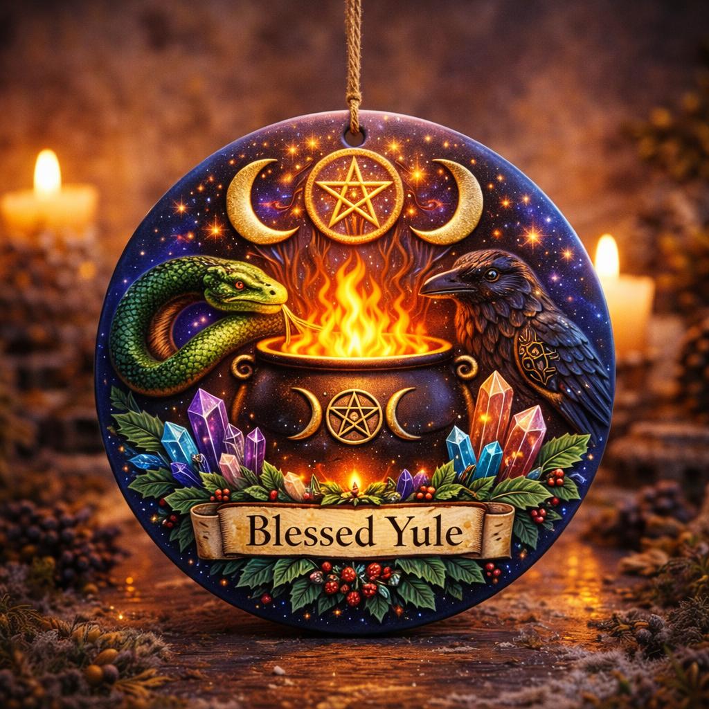 Wicca and Pagan Yule Ceramic Ornament with Raven, Snake – Witchy Christmas Decoration-MoonChildWorld