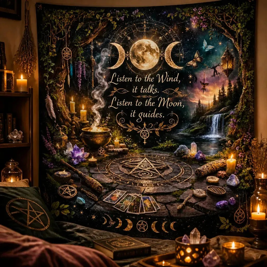 Wiccan Altar Wall Hanging - Witchy Pagan Tapestry with Tree of Life, Triple Moon, Pentagram_mockup_3.webp