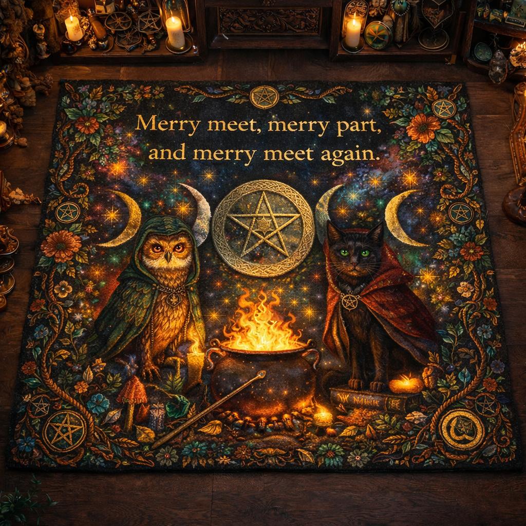 Wiccan Area Rug with Wizard Owl, Moon Phases - Pagan Carpet for Witchy Yule Decor-MoonChildWorld