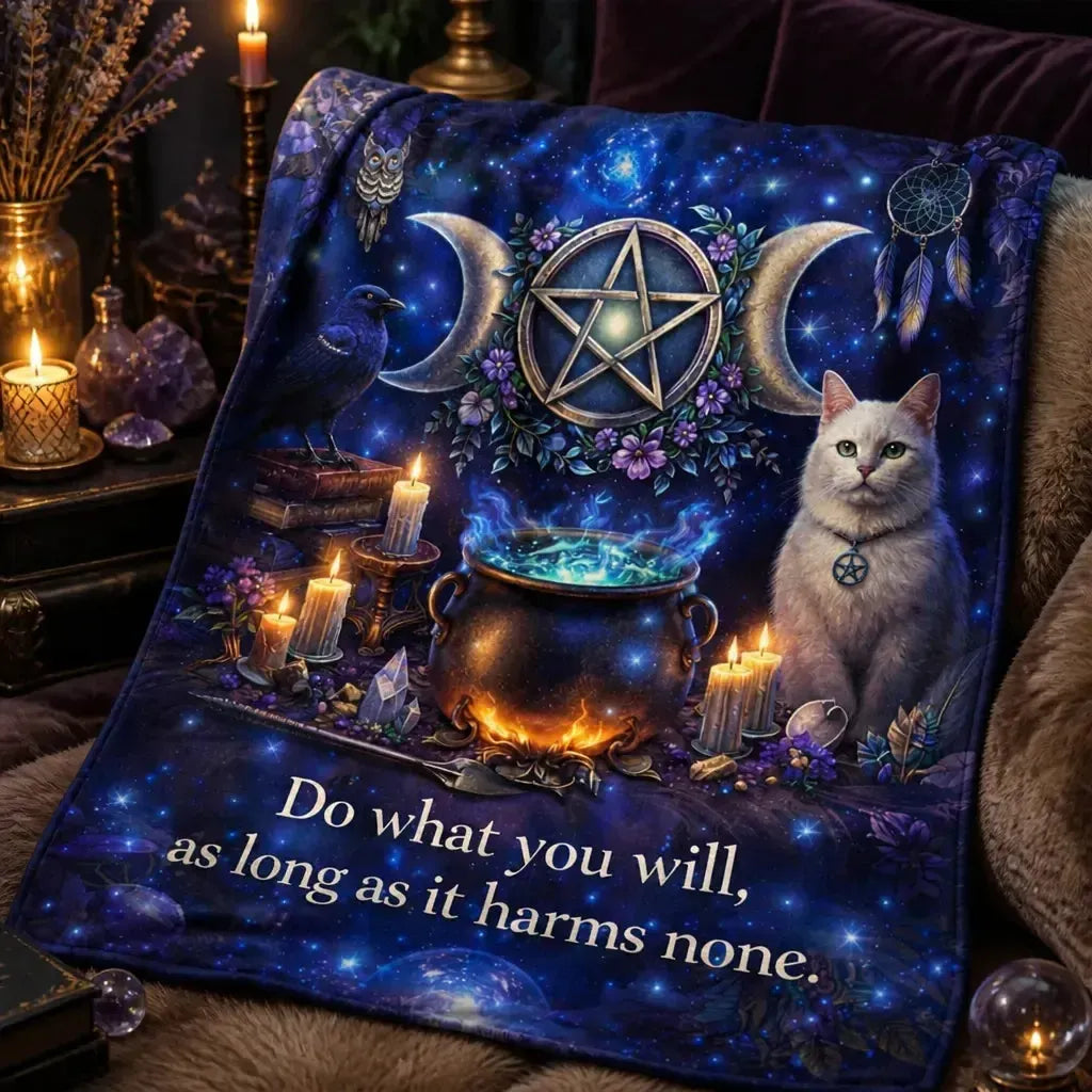 Wiccan Blanket with Triple Moon, Mystical Cat, Raven for Witchy Home Decor_mockup_3.webp