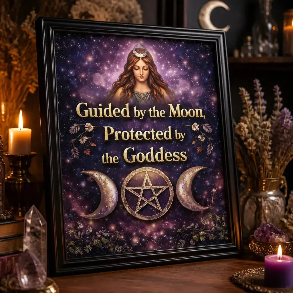 Wiccan Goddess Black Framed Art Print with Triple Moon- Pagan Canvas Wall Art for Sacred Decor_mockup_3.webp