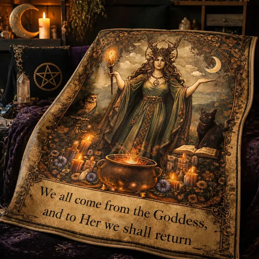 Wiccan Goddess Blanket with Black Cat, Owl for Pagan Home Decor_mockup_3.webp