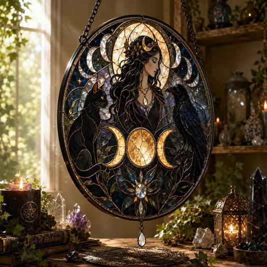 Wiccan Goddess Cat Raven Triple Moon Glass Suncatcher - hanging view