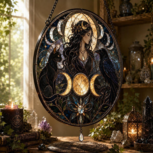 Wiccan Goddess Cat Raven Triple Moon Glass Suncatcher - hanging view