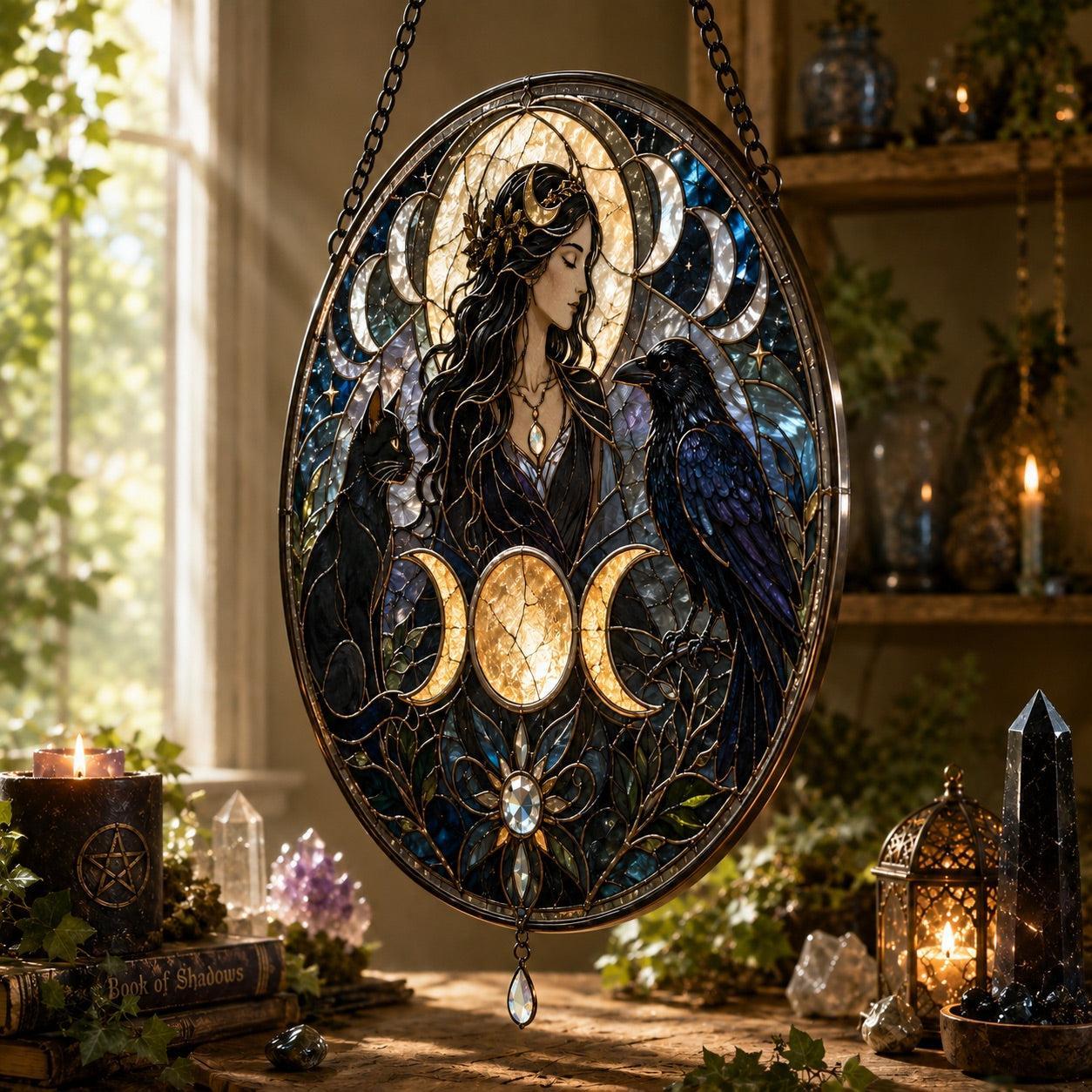 Wiccan Goddess Cat Raven Triple Moon Glass Suncatcher - close up detail