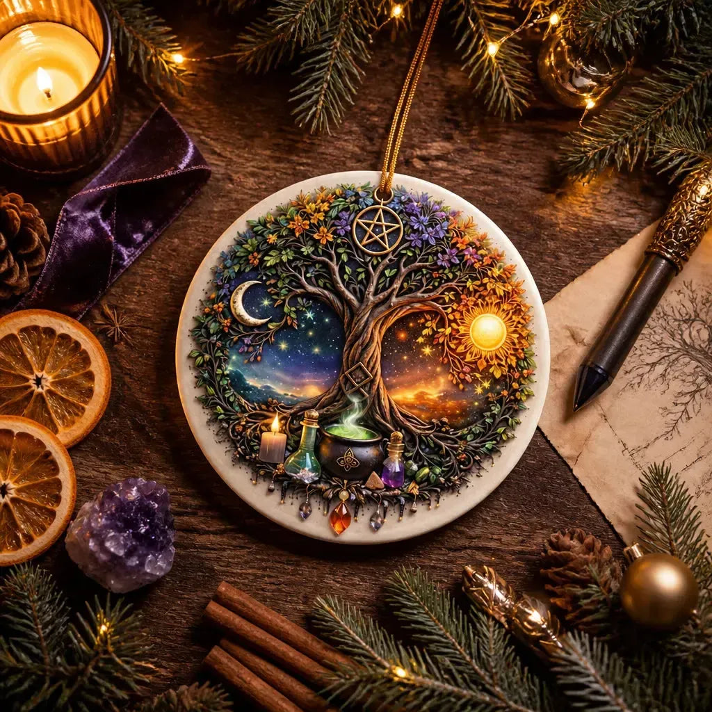 Wiccan Goddess Sun and Moon Yule Ceramic Ornament – Pagan Yule Decor_mockup_3.webp