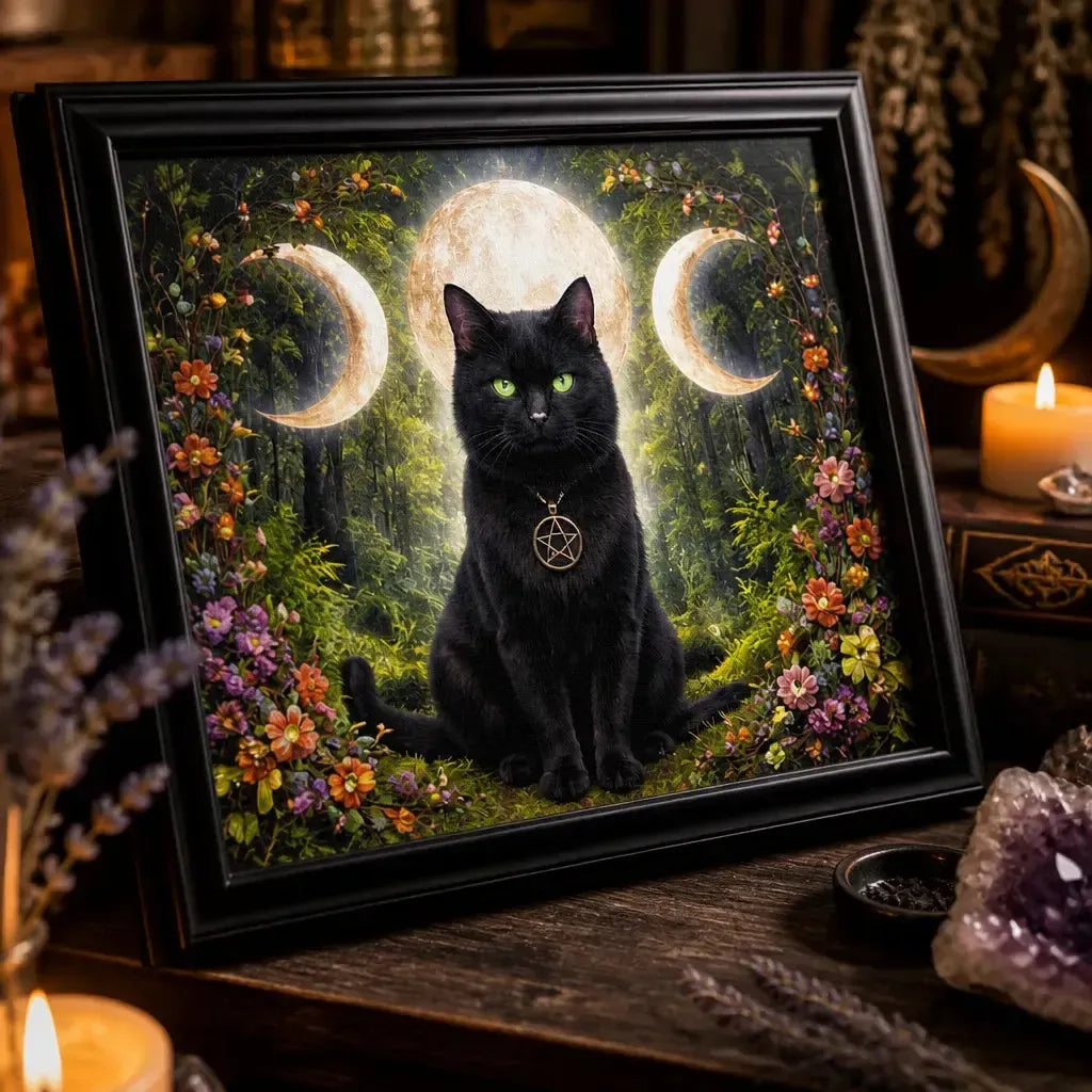 Wiccan Home Decor Triple Moon Black Cat Wall Art - Black Framed Canvas Print for Witchy Decor_mockup_3.webp