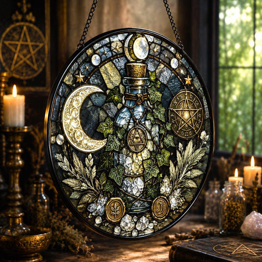 Wiccan Protection Spell Bottle Glass Suncatcher - hanging view