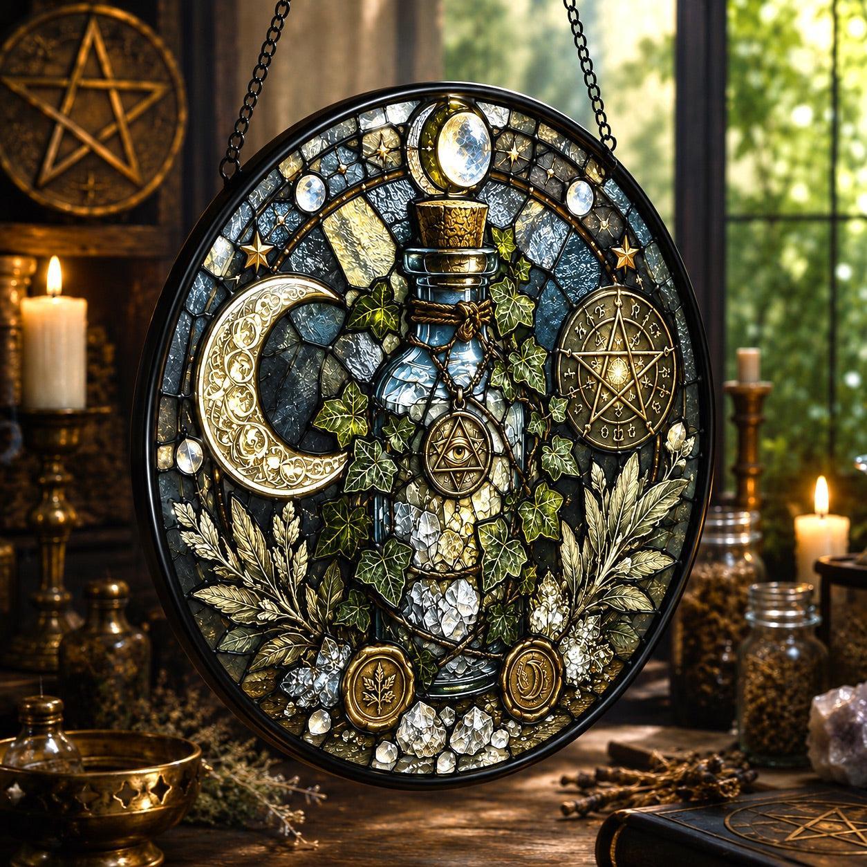 Wiccan Protection Spell Bottle Glass Suncatcher - close up detail
