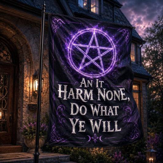 Wiccan Rede house flag with pentacle and moon phases, An It Harm None Do What Ye Will design