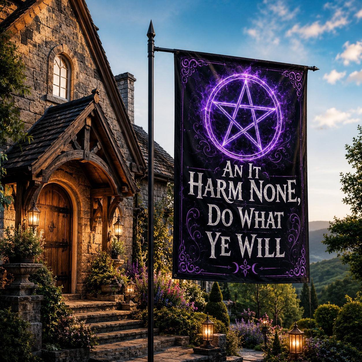 Close-up of Wiccan Rede pentacle house flag showing pagan lettering and symbol detail