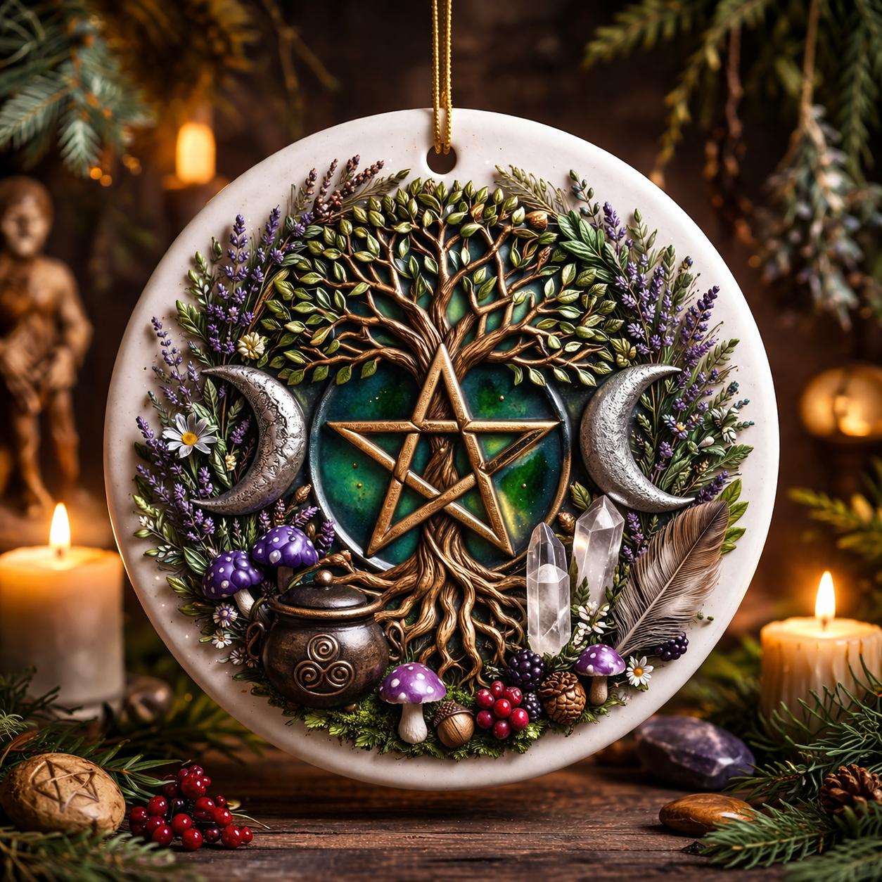 White ceramic Wiccan Tree of Life ornament with pentacle, triple moon, lavender, mushrooms, and crystals.