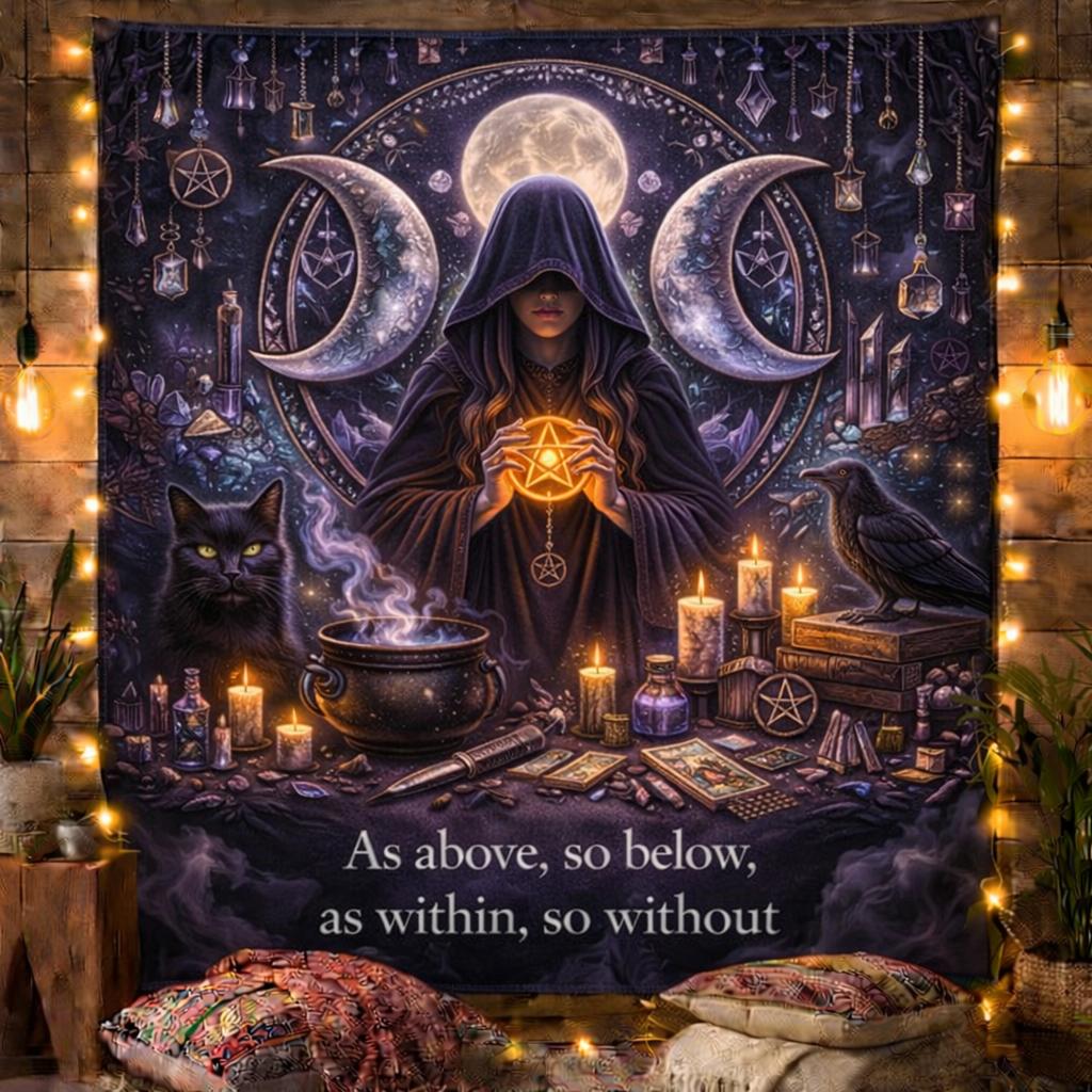 Wiccan Triple Moon Goddess Tapestry with Mystical Black Cat, Crow - Pagan Altar Wall Hanging-MoonChildWorld