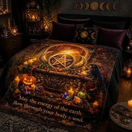Wiccan blanket with Moon, Pentacle, Pumpkins for Witchy Halloween Decor_mockup_1.webp