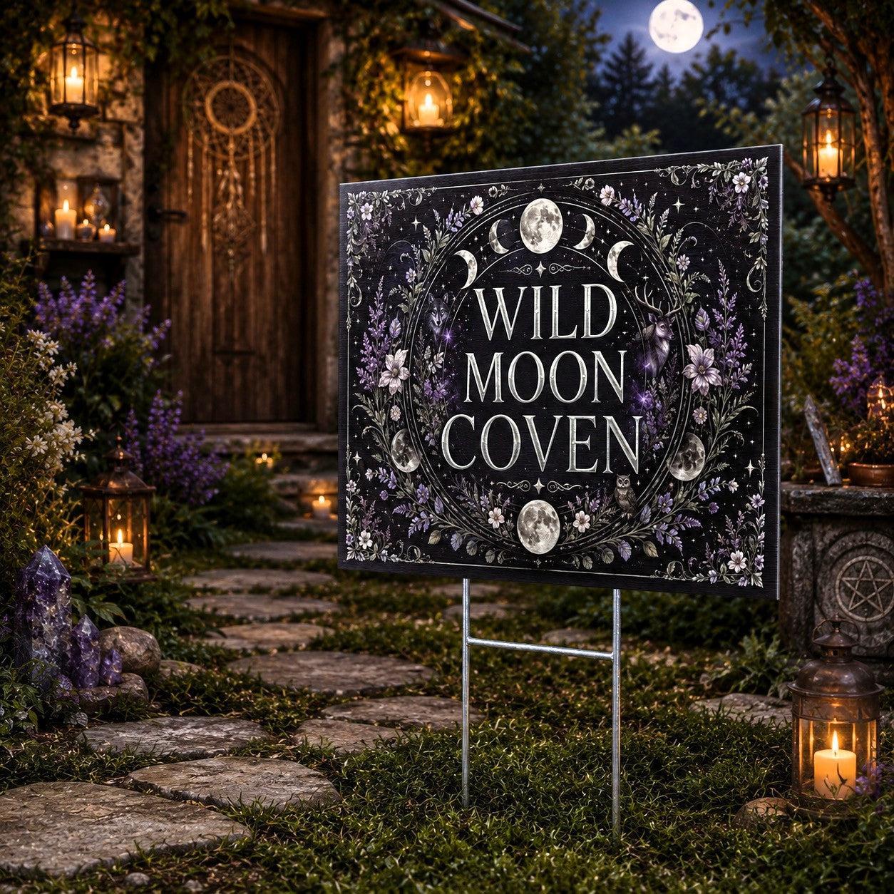 Wild Moon Coven Triple Moon Floral Wicca Yard Sign - porch scene