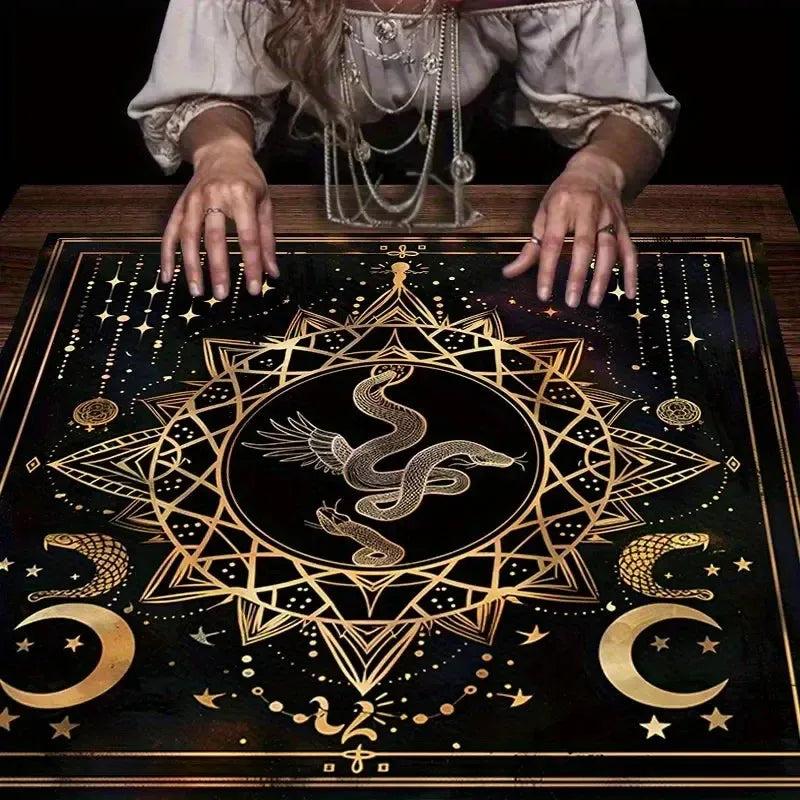 Winged Serpent Witchy Tarot Tablecloth - Golden Snake & Star Moon Design for Occult Decor-MoonChildWorld