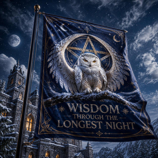 Winter Owl Watch house flag displayed outdoors on a garden flag stand