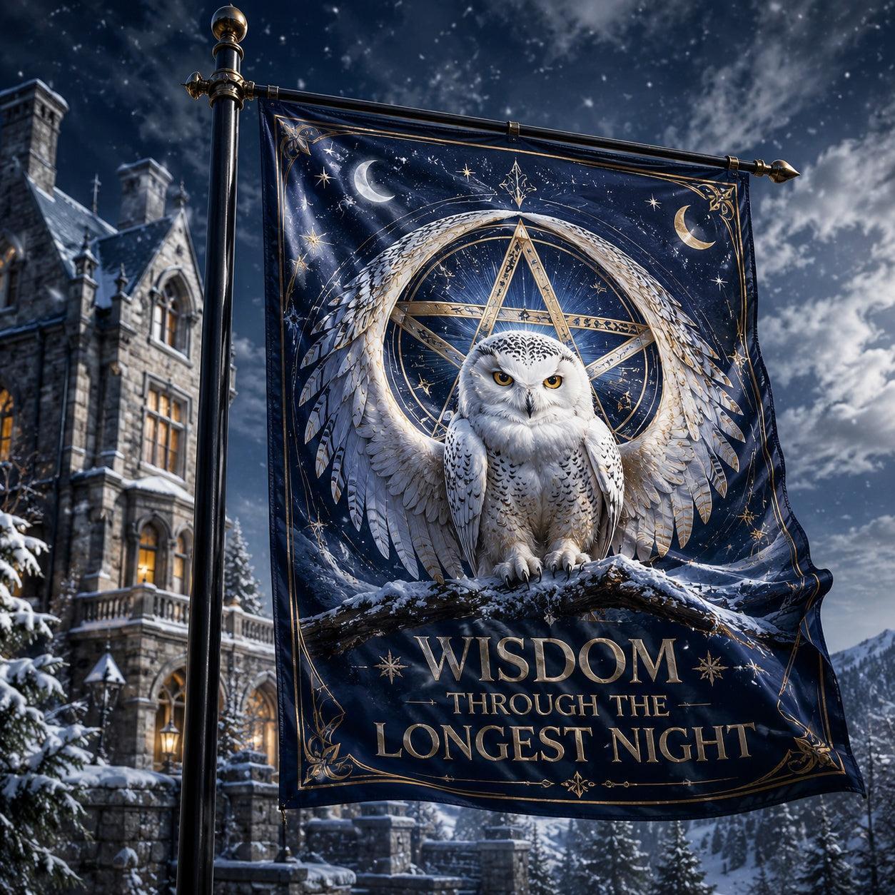 Winter Owl Watch house flag with snowy owl design, Wisdom Through Longest Night pagan winter decor